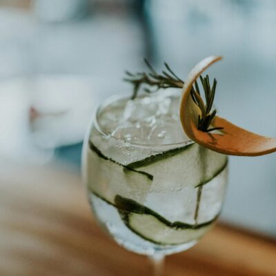 Close-up of a cocktail with cucumber, rosemary, and ice in a glass.