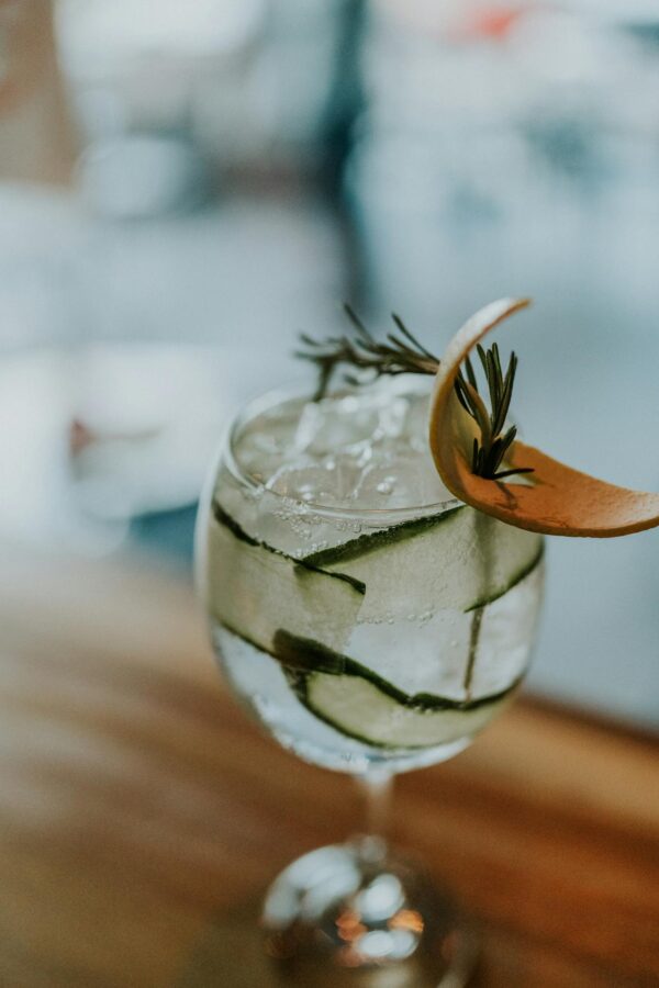 Close-up of a cocktail with cucumber, rosemary, and ice in a glass.